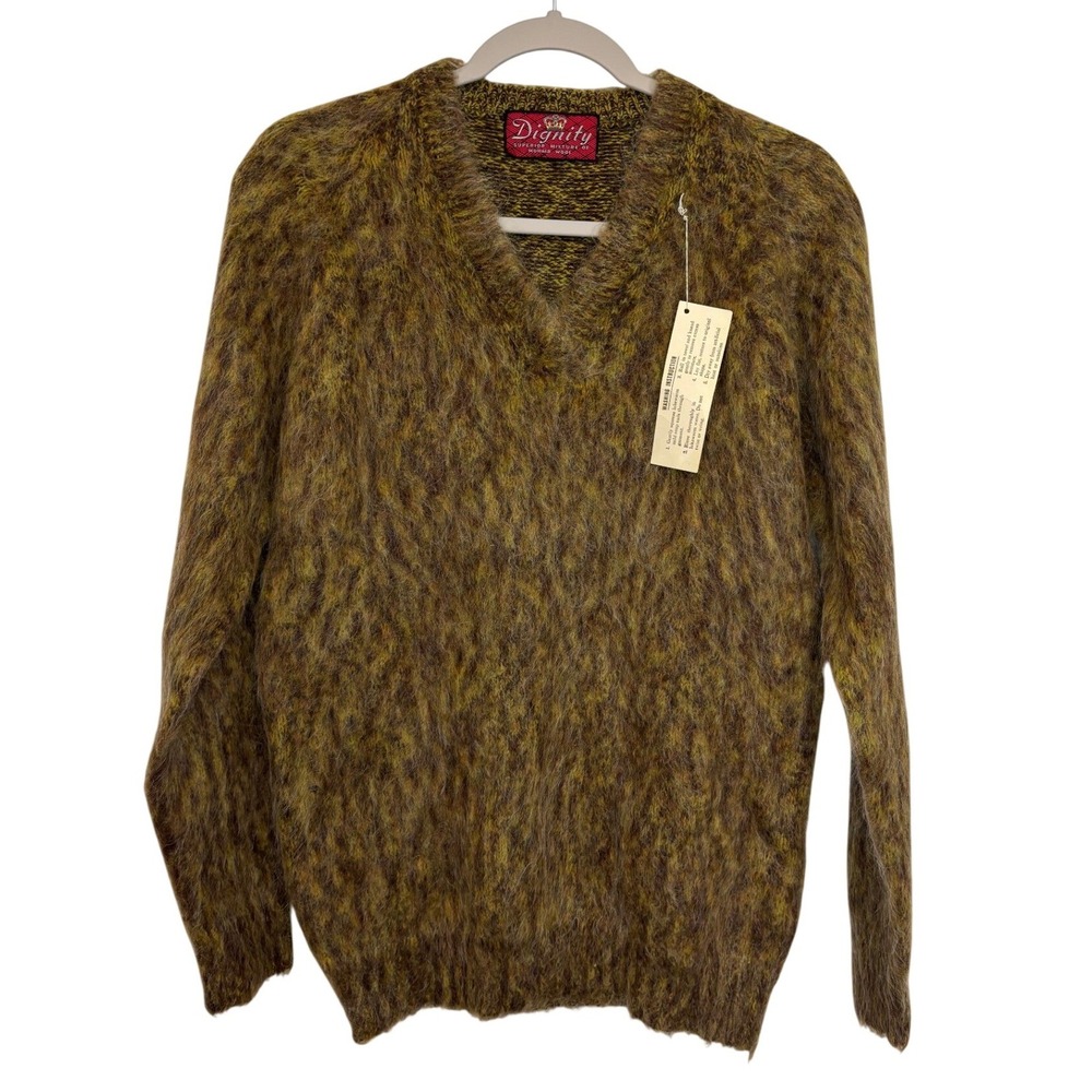 New With Tag Vintage Fuzzy Hairy Mohair V Neck Sweater  Olive Moss Mustard